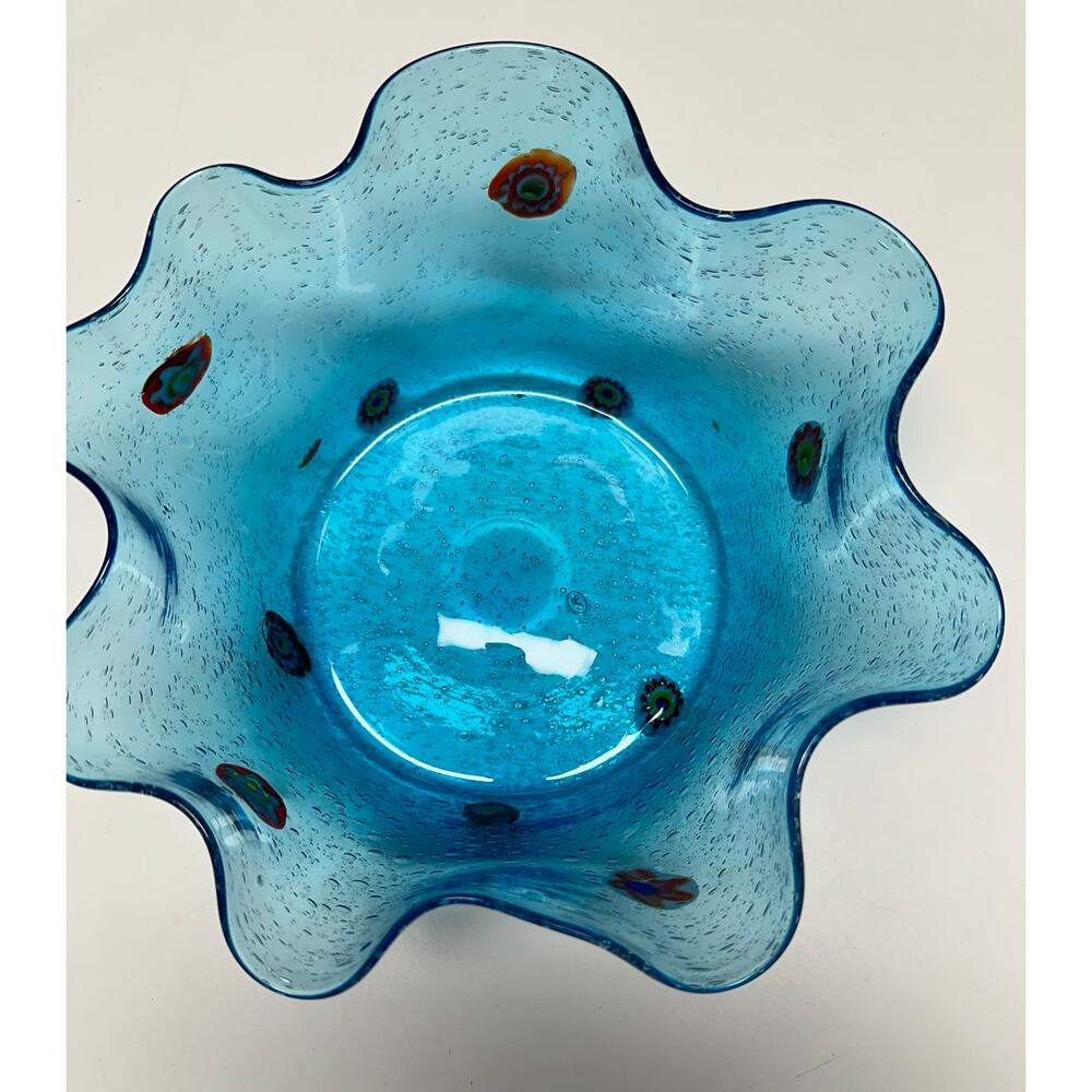 Vintage Murano Style Art Glass Bowl Aqua  Bullicante Bubbles Millefiori Flowers